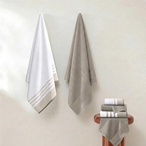 Modern Threads 6-Piece Towel Set – 100% Cotton, Quick Dry, Ultra Absorbent – Includes 2 Bath, 2 Hand, 2 Washcloths (White/Reinhart Tan) - color: Brown, style: Classic Stripe