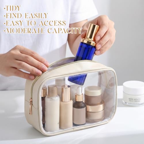 Abbylike 6 Pcs Clear Makeup Bags Bulk PU Leather Cosmetic Pouches Transparent Toiletry Bags with Zipper Waterproof Purse Skincare Car Organizer for Girl Women Travel Gifts(Beige) - color: Beige