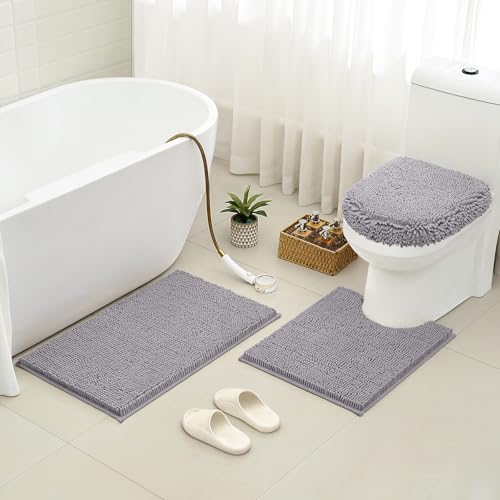 HOMEIDEAS Bathroom Rugs Sets 3 Piece, Chenille Bath Rugs Soft Absorbent Non Slip Washable Bath Mats with Toilet Lid Cover, Perfect for Bathroom(Grey) - color: Grey, size: 20"x32"+U 20"x24"+Cover 18"x21"
