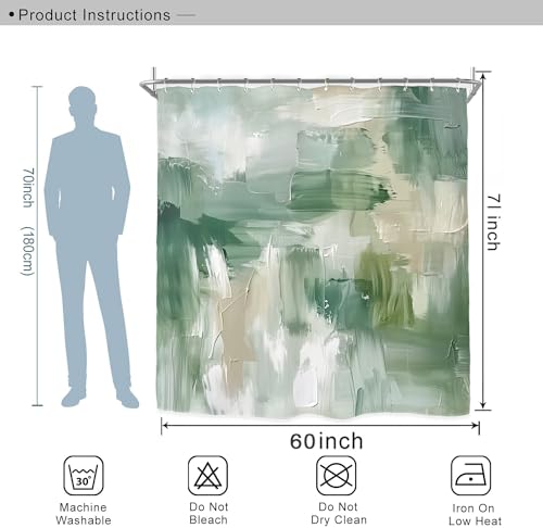 Miyotaa Abstract Sage Green Shower Curtain Set 60Wx71H Inches Brush Stroke Art Neutral Modern Contemporary Oil Painting Waterproof Bathroom Curtain with 12 Hooks - color: Abstract Sage Green, size: 60"W x 71"L (Pack of 1)