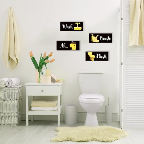 4 Pcs Yellow Bathroom Decor Funny Yellow And Black Wall Art Wooden Bathroom Accessories Modern Glitter for Home Toilet Decoration 10x4 Inches - color: Yellow, size: 10 X 4 Inch