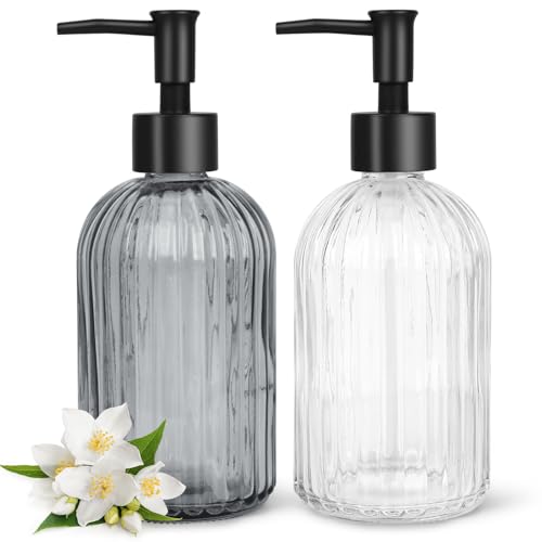 Topsky 2 Pack Glass Soap Dispenser with Black Plastic Pump, 400ml Liquid Hand Soap Dispenser, Rustproof Pump for Kitchen & Bathroom, Great for Lotions, Essential Oil, Liquid Soaps-Clear & Gray - color: Stripe-clear & Gray, size: Plastic Pump