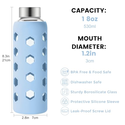 Mrsdry Glass Juice Bottles with Lids and Silicone Sleeves 18 oz, 4-Pack Reusable Clear Glass Water Bottles with Stainless Steel Airtight Cap for Juicing, Refrigerator, BPA Free Leak-Proof Drinking Jar - color: Navy