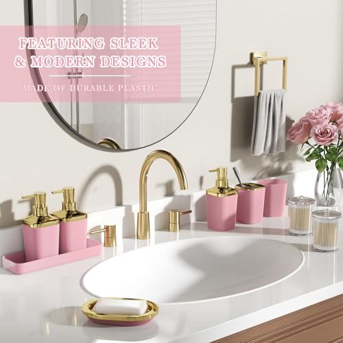 Bathroom Set - 11PC Bathroom Accessory Set, Bathroom Accessories Set, Pink Bathroom Set, Push-lid Trash Can, 3PC Soap Dispensers, Toilet Brush & Q-tip Holders - color: Pink & Gold, size: Bath Set