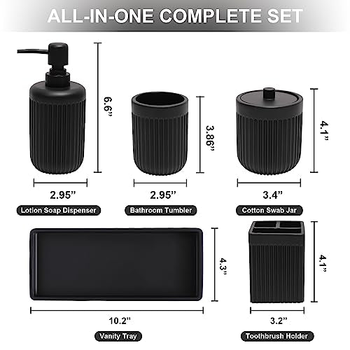 XLHOMO Resin Matte Black Bathroom Accessories Set 5 Pcs, Lotion Soap Dispenser, Toothbrush Holder, Bathroom Tumbler, Qtip Holder and Vanity Tray, Bathroom Countertop Organizer Set for Home Apartment - color: Black, size: Resin Bath Set