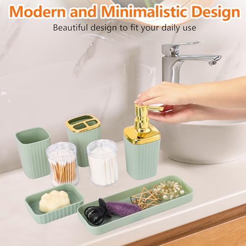 Bathroom Accessory Set,9 Pieces Light Green Bathroom Accessories Set with Trash Can, Toothbrush Holder, Soap Dispenser, Toothbrush Cup, Vanity Tray, Soap Dish, Toilet Brush, Qtip Holder - color: Lightgreen