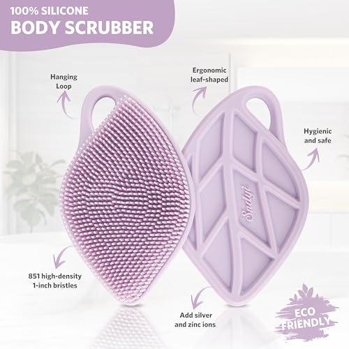 Sndyi Silicone Body Scrubber, Gentle Exfoliating Body Scrubber for Sensitive Skin, Leaf Shaped Shower Scrubber for Body with Lathering Bristles, Silicone Loofah Body Brush for Showering, Purple - color: Purple