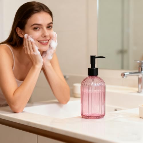 Black Pump Glass Soap Dispenser, 13.5oz Stripe Countertop Refillable Liquid Bottle Hand Dish Lotion Dispenser with Plastic Pump, for Kitchen, Bathroom Countertop - color: Rose Red