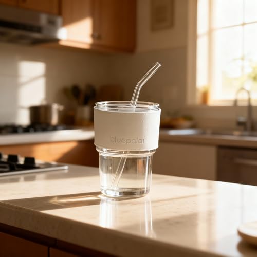 BLUEPOLAR 13 oz Tumbler Water Glass, Water Bottle with Straw and Dustproof Lid, Coffee Ice Cup Double Wall Insulated Glass Cup (White with Protect Sleeve) - color: White with Protect Sleeve