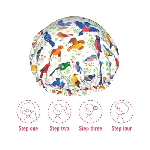 Birds Pattern Shower Cap For Women Reusable Waterproof Double Layers Bath Cap Hair Protection Elastic Ladies Spa Salon Shower Hat - color: Birds Pattern