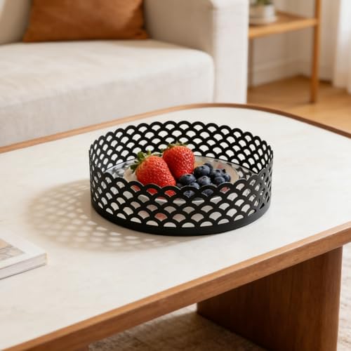 Black Metal Decorative Tray with Mirror Base - Round Vanity Tray for Makeup Brushes, Jewelry, Perfume, and Home Décor(7.3”X2”) - size: 7.3"