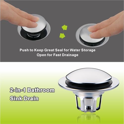 2 Pack Chrome Sink Drain Stopper,Glimflorus Universal 2-in-1 Pop Up Bathroom Sink Stopper with Hair Catcher and Strainer for 1 1/8"-1 1/2" Drain Holes - color: Chrome Plated-2
