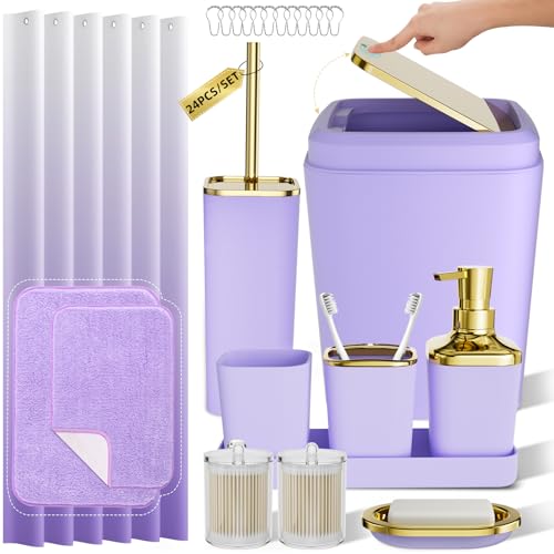 XLHOMO Bathroom Accessory Set - 24PCS Luxury Bathroom Accessories Set, Bathroom Sets with Shower Curtain and Rugs, Purple Bathroom Set with Trash Can, Toothbrush Holder & Soap Dispenser for Home Decor - color: Purple & Gold, size: Gradient Complete Set+Ba