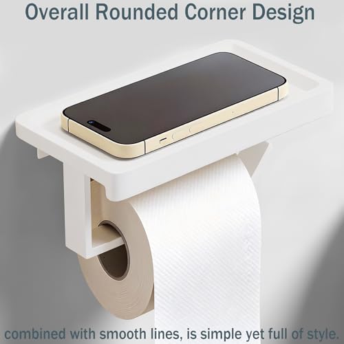Pure White Toilet Paper Holder with Shelf, Premium Thicken Aluminum Alloy, Self Adhesive Toilet Tissue Roll Holder Wall Mount for Bathroom, Washroom, Kitchen, RV with Cell Phone Storage - color: Pure White