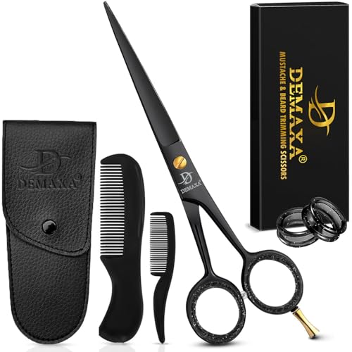 DEMAXA 5" Professional Beard Scissors for men Mustache Scissors with 1 Mustache Comb, 1 Beard Comb & Soft Pouch – Prefect Beard shears mustache kit for All Facial Hair – moustache Grooming kit for Men - color: 5" Professional Black