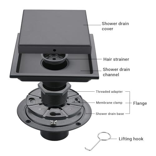 4 Inch Shower Floor Drain, SUS304 Stainless Steel Square Bathroom Floor Drain with Flange Reversible 2-in-1 Cover Insert Tiles for Filtering, Matte Black - color: Matte Black, size: 4 inch-Reversible