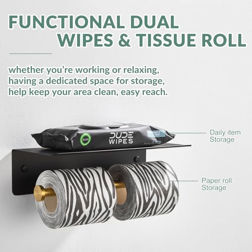APLusee Double Toilet Paper Holder with Phone Shelf Black & Gold, 304 Stainless Steel Tissue Paper Roll Storage Dispenser, Wall Mounted - color: Black Gold, size: Double Rod