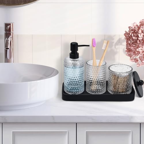 Bathroom Accessory Set,4 Pcs Clear Glass Bathroom Accessories Set-Lotion Soap Dispenser,Toothbrush Holder,Qtip Holder Dispenser & Resin Vanity Tray,Countertop Vanity Organizer,Crystal Clear - color: Clear + Matte Black Tray