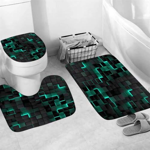 LQCOOL 4Pcs Green Shower Curtain Set 3D Cubes Bathroom Sets Modern Shower Curtain Set for Bathroom Sets with Rugs Black and Green Shower Curtain with 12 Hooks - color: Black Green