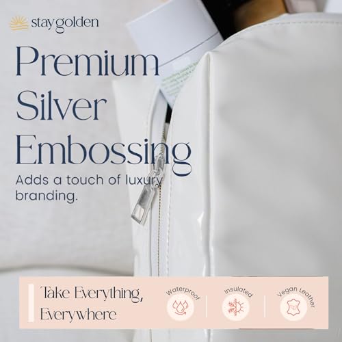 Stay Golden Insulated Makeup Bag – Heat-Resistant, Waterproof Cosmetic & Toiletry Pouch for Women | White with Silver Zipper Vegan Leather Day Pouch, Small (7.5 x 5 x 3 in) - color: White with Silver Zipper, size: Small
