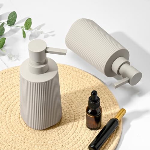 Beige 2 Pack Hand Soap Dispensers Set with No Rust Pump for Bathroom and Kitchen Countertops Refillable Matte Striped Plastic 8.5 oz - color: Beige Set of 2