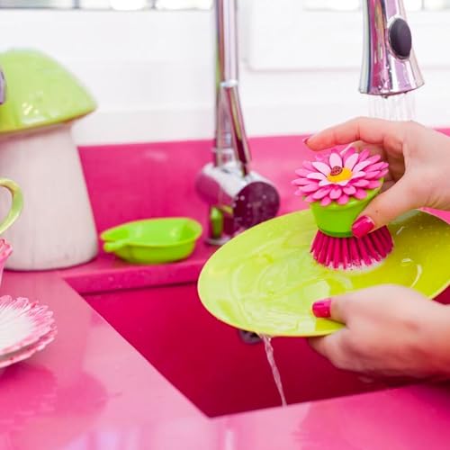 Vigar Flower Power Palm Dish Scrub Brush with Holder, Kitchen Scrub Brush for Dishes, Dish Scrubber, Sink Brush, Dishwashing Brush and Vegetable Scrubber for Household Cleaning - Pink, Green - color: Pink, Green