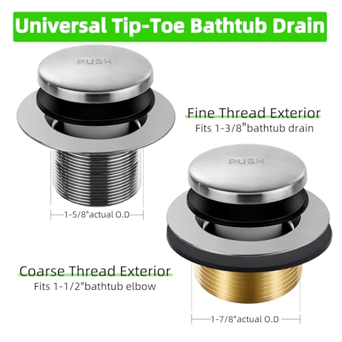 Brushed Nickel Bathtub Drain Tip-Toe Tub Trim Set with Two-Hole Overflow Faceplate Bathroom Tub Drains Replacement Conversion Tub Drain Kit Assembly with Universal Fine & Coarse Thread - color: Brushed Nickel