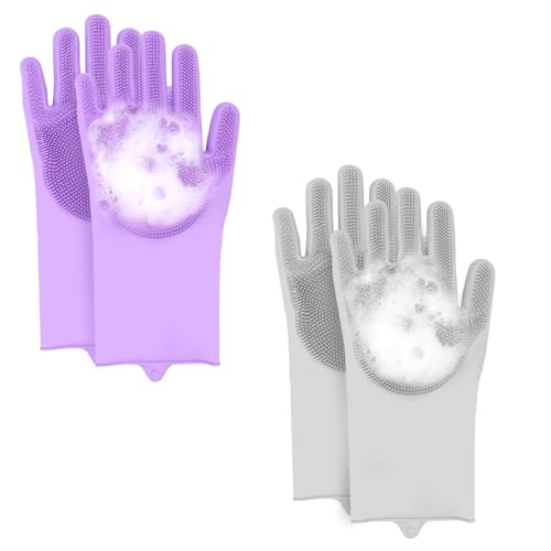 2-Pair Pet Hair Remover Glove for Dogs and Cats Washing, Grooming, & Deshedding – Multipurpose Silicone Dog Bath Gloves, Cat Brush Glove Mitt for Pet Cleaning & Household Use (Purple & Grey) - color: Gray and purple two-tone