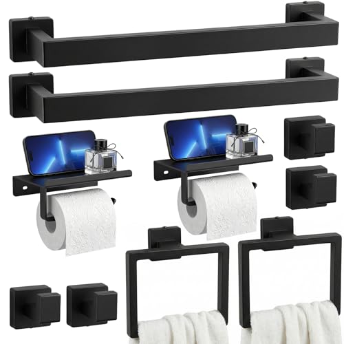Tudoccy Matte Black Bathroom Accessories Set, 10-Piece 24 in Bathroom Hardware with Upgraded Wall Anchors, SUS304 Stainless Steel Rustproof Towel Bar Towel Ring Toilet Paper Holder with Shelf - color: Black, size: 24 Inch 10 pcs