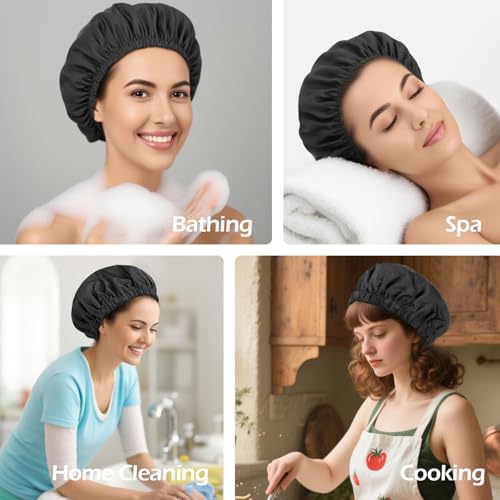 Shower Cap for Women Reusable Waterproof, Large Bath Cap with Elastic Band, Hair Caps for Long Hair and Braids, Black - color: Black