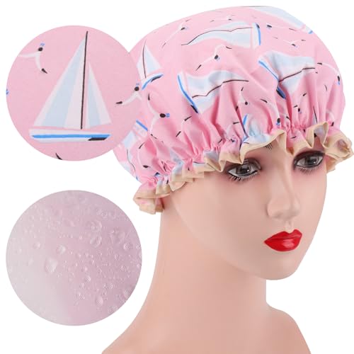 4 Pcs Shower Caps Hat for Women and Girl, Reusable Waterproof Bath Cap Double Waterproof Layers Cat and Boat Pattern - color: 4 Pack - Cat & Boat Pattern