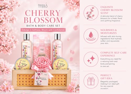 Cherry Blossom Spa Gift Basket for Women – Luxury Bath & Body Gift Set with Shower Gel, Bubble Bath, Body Scrub, Lotion & Bath Salts – Mother’s Day Self Care Gift for Mom