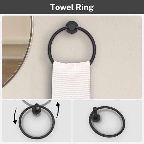 Matte Black Towel Bar Set 5 Pieces Bathroom Hardware Accessories Set Round Towel Holder Set for Bathroom Upgraded Toilet Paper Holder Stainless Steel Wall Mounted Towel Rack Set,23.6 Inch - color: Black