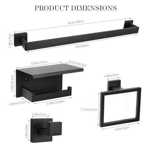 5 Pieces Black Towel Bar Set Bathroom Hardware Accessories Set Upgraded Toilet Paper Holder with Shelf Towel Holder Set for Bathroom Stainless Steel Wall Mounted - color: 5pcs-black