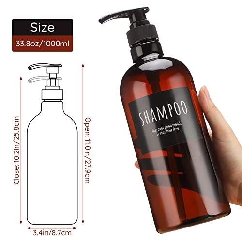 Empty Plastic Bottles with Labels, Segbeauty 33.8oz Large Brown Shampoo Conditioner Reusable Dispenser, 2 Packs of 1000ml Refillable Shower Lotion Pump Press Bottles for Bathroom Hand Soap Body Wash - color: Dark Amber, size: 33.8 oz