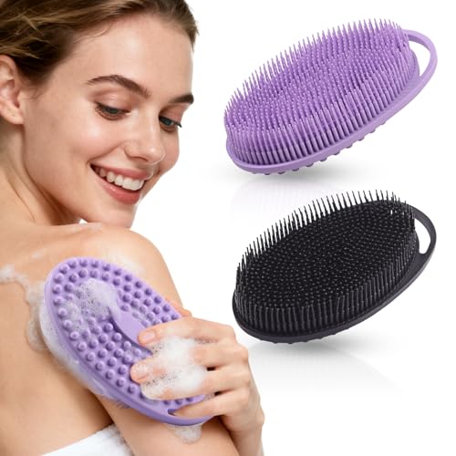2 Pack Silicone Body Scrubber, Exfoliating Shower Scrubber for All Skin | 2 in 1 dual-sided design, soft bristles and massage bumps side, fast-drying, non-slip handle, for women and men, Black+Purple - color: Black&purple