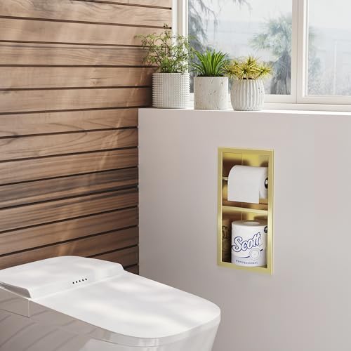 Neodrain Gold Tissue Holder, Contemporary Hotel Style in Wall Toilet Paper Holder, Stainless Steel Recessed Tissue Paper Roll Holder, Double roll(Gold) - color: Gold, size: 6X12In