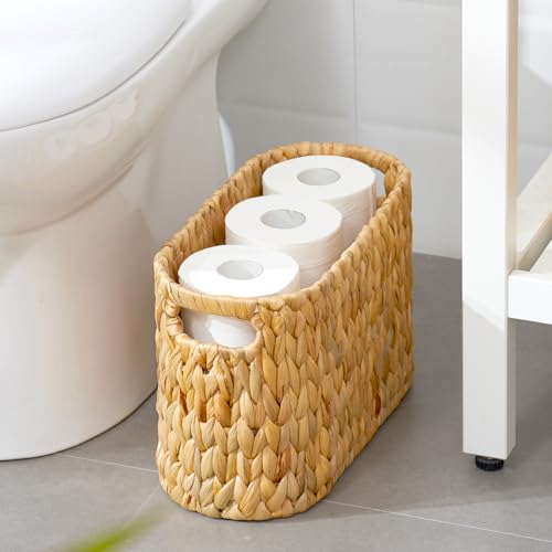 Toilet Paper Storage Basket, Water Hyacinth Wicker Storage Holder for 6 Rolls Toilet Paper with Built-in Handles - size: for 6 Rolls