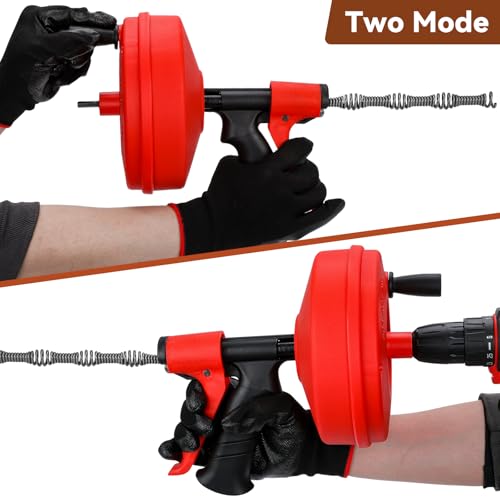 35 FT Double Mode Drain Snake Tools, 11-in-1 Drain Auger for Sink and Drain Unblocking, Plumbing Snake for Kitchen, Bathrom and Shower Sink, Snake for Real DYIs (Red) - color: 35ft-red&black
