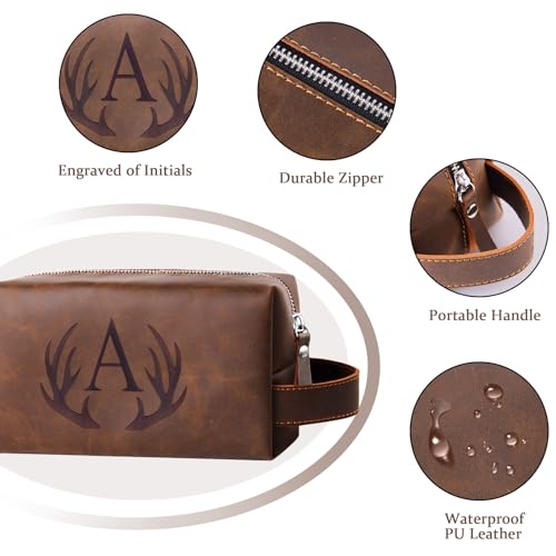 Personalized Toiletry Bag for Men Engraved Initial Cool Gifts for Dad Husband Boyfriend Grandpa Son PU Leather Waterproof Shaving Bag for Toiletries Accessories Travel Essentials (A) - color: Dark Brown, style: A