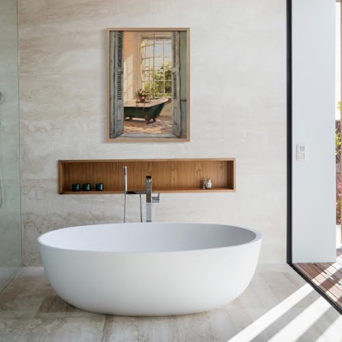 Framed Vintage Canvas Wall Art Print Classical Bathroom Bathtub Poster Flowers Gallery Style Picture Home Decor Rustic Bathroom farmhouse Apartment 16X24 Inch Ready to Hang - color: Classical Bathroom Bathtub, size: 16L" x 24W"