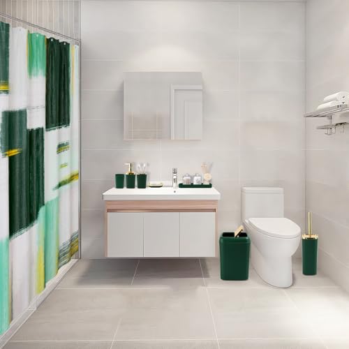XLHOMO Green and Gold Bathroom Accessories Set, Bathroom Sets with Shower Curtain, Green Bathroom Accessories with Trash Can, Soap Dispenser, Soap Dish, Toilet Brush Holder, Qtip Holders - color: Plaid Green & Gold, size: Complete Set