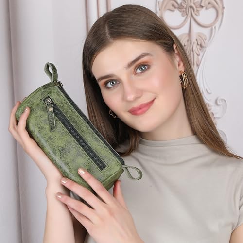 Leather Makeup Bag for Women – Genuine Leather Cosmetic Bag Travel, Handmade Zippered Makeup Pouch, Small Toiletry Bag, Shaving Kit & Stationery Organizer- Forest Green - color: Green
