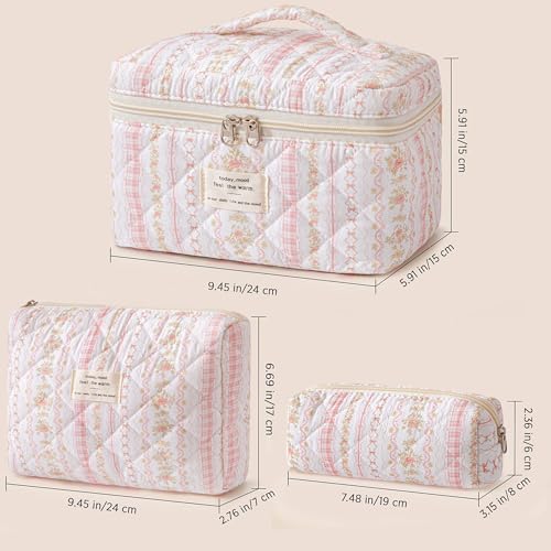 HBselect Quilted Makeup Bag, 3PCS Cotton Large Travel Makeup Bag, Cute Floral Coquette Make up Bag Cosmetic Bag Toiletry Bag for Women Girls - color: A-3PCS-Floral 25
