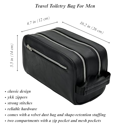 Toiletry Bag For Men Large, Premium PU Leather Travel Kit, Metal Zippers & Bottom Studs, Velvet Dust Bag & Shape-Retention Packaging – Gift Ready For Groomsmen, Anniversary, Birthday Gifts/ BLACK - color: BLACK