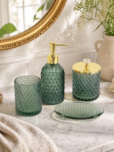 Haturi Bathroom Accessories Set, 4Pcs Sage Green Glass Bathroom Set Complete w/Bathroom Soap Dispenser Set, Toothbrush Holder, Qtip Holder, Soap Dish, Green Bathroom Decor, Gift for Home Apartment - style: Sage Green