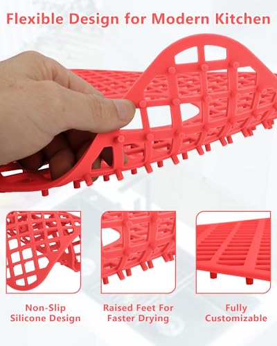 2 Pack Silicone Sink Protectors for Kitchen Sink, Trellis Pattern 13 x 11 Inches Sink Mat, Non-Slip and Durable Sink Protector Silicone, Rear Drain, Red - color: Red