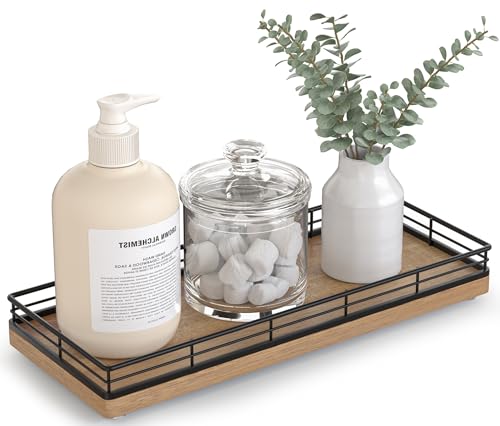Bathroom Tray for Counter Top Organizer, Acacia Wood Vanity Tray | Metal Frame for Dresser, Kitchen & Nightstand, Black & Acacia Decorative Storage - color: Black & Acacia, size: 11" x 4.5" x 1.5"