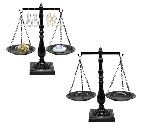 Set of 2 Vintage Metal Libra Jewelry Towers Display with Fixed Beam, Cosmetic Organizer Storage, Scale Centerpiece Stand, Antique Jewelry Storage, Farmhouse Candleholder Display – 7.7“ W x 12.1“ H - color: Black-2