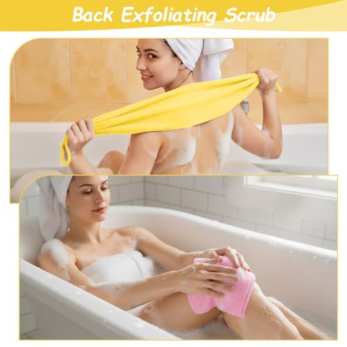 Body Wash Towel, 3 Pcs Double-Sided Back Exfoliator Body Scrub Towel, Nylon Back Scrubber with Handles, Stretchable BackWasher for Shower for Women Men(Blue, Pink, Yellow)